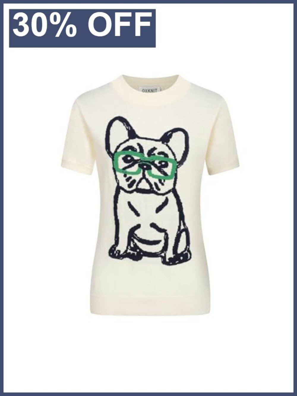 1960s Mod Style Women's Knit Cotton T-Shirt with Hand-Drawn Dog Pattern